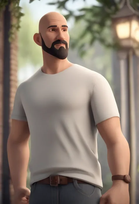 Cartoon character of a 36-year-old man descended from Japanese family, Shaved head with sparse beard, usando camiseta cinza, Denim Jeans Pants, animation character, Caractere estilizado, animation style rendering, 3D estilizado, Arnold Maya render, 3 d ren...