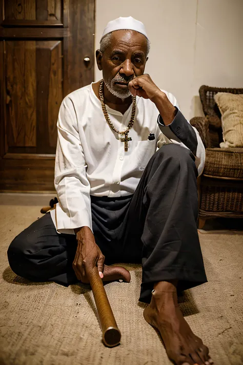 Elderly black man with cane in hand, roupas simples, kalap, rosary, Foot rests, em uma casa de madeira