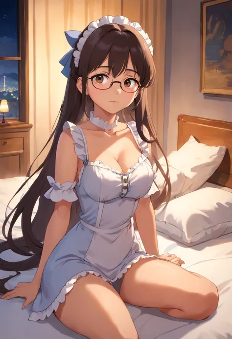 Best Quality、Night view outside the window、Light brown skin、bikini, maid、cleavage of the breast、long hair、femele、独奏、Very cute、navel, glasses, blush、Midnight、black hair、large breasts、I want to blush、bending forward、Bedroom、Wink、twinkling、Kamimei、Sit on the ...