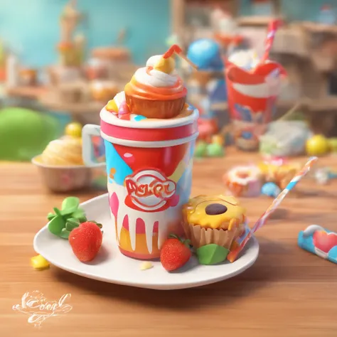 Crie uma logomarca de desenho animado  estilo 3d -Pixar, no formato de casa com doces, balas, pirulito, Chocolates, sorvete, milk shake, cupcake, bakery