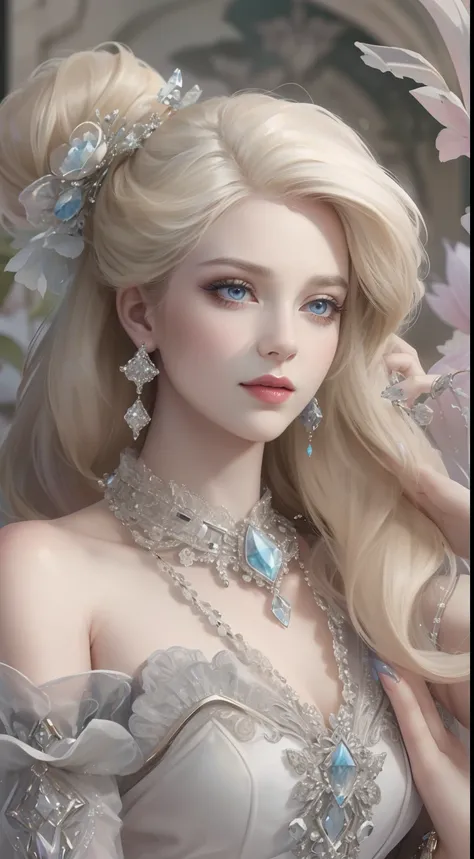 tmasterpiece，Highest high resolution，Dynamic bust of beautiful aristocratic maiden，Blonde hair，Gray clear eyes，The hair is covered with beautiful and delicate floral craftsmanship, Crystal jewelry filigree，Ultra-detailed details，upscaled。