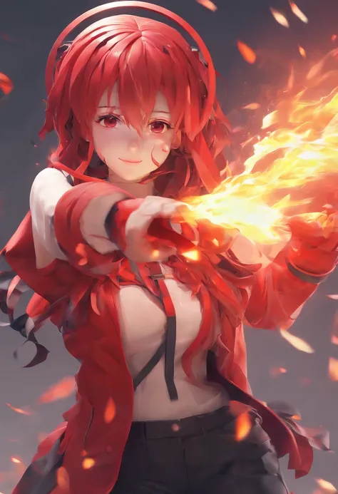 anime girl fire long hair red