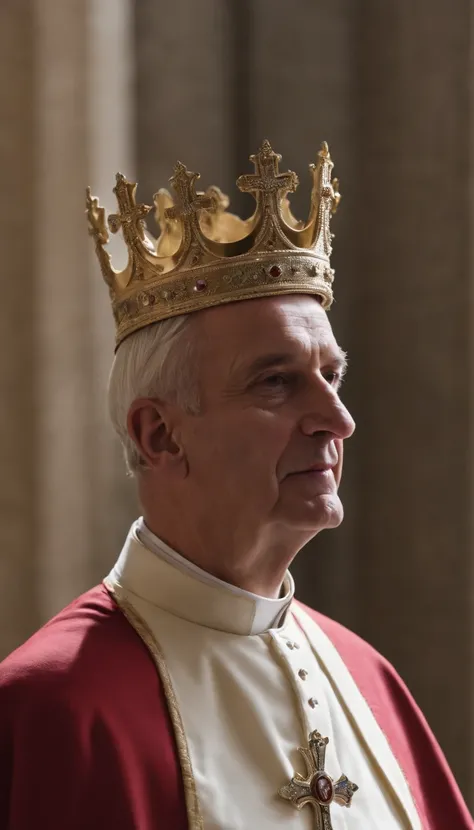 a European monarch being crowned by the pope who places the crown on the monarchs head, 1800s environment, monarch with no adornment, nothing on his head, a monarch is a young man