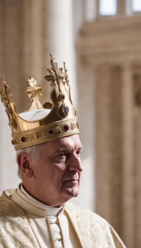 a European monarch being crowned by the pope who places the crown on the monarchs head, 1800s environment, monarch with no adornment, nothing on his head, a monarch is a young man