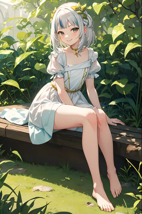 ((masterpiece,best quality)),1girl, solo, gura_atlantis, gradient dress, laurel crown, barefoot, knees up, dress, sitting, short sleeves, looking at viewer, grass, short hair, smile, white hair, puffy sleeves, outdoors, puffy short sleeves, bangs, on groun...