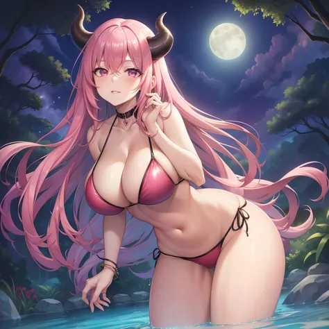 Masterpiece, best quality, ((((Solo mature woman)), pink hair, facing camera, (pink eyes), large chest, seductive smile, (((wide hips and big boobs))) curvy physique, cleavage, (dark night outside), under a moon, (standing in a pond), (((wearing shiny two ...