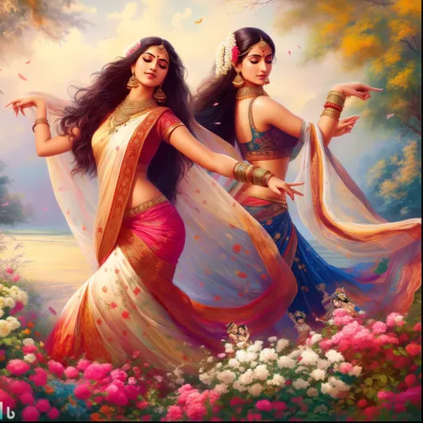 two women in indian attire dancing in a garden, indian art, painting of beautiful, beautiful women, beautiful depiction, beautiful digital artwork, beautiful art uhd 4 k, a beautiful artwork illustration, dancers, hd artwork, beautiful painting of friends,...