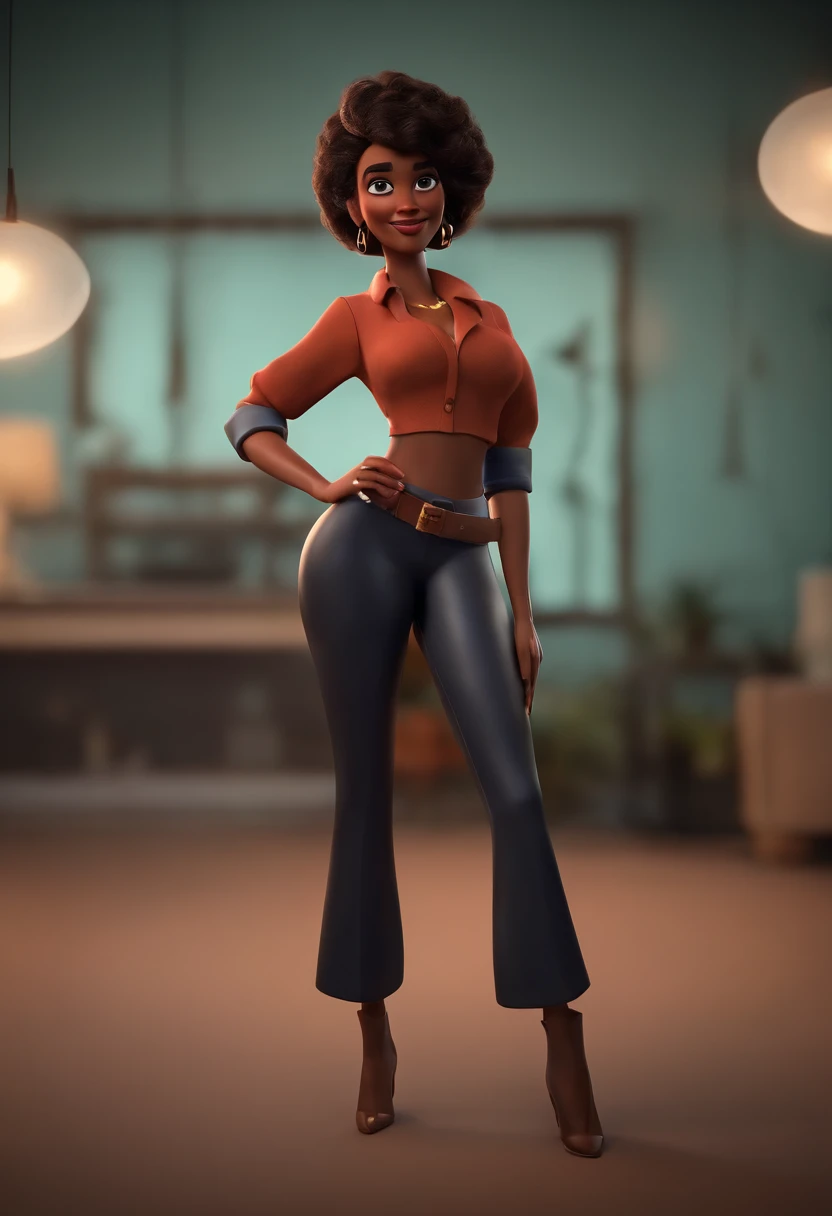 Personagem de desenho animado de uma mulher negra, cabelo cacheado, with a black shirt and black pants, animation character, Caractere estilizado, animation style rendering, 3D estilizado, gordura, 3 d render stylized, toon render keyshot, Personagem 3D, P...