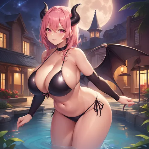 Masterpiece, best quality, ((((Solo mature woman)), pink hair, facing camera, (pink eyes), large chest, seductive smile, (((wide hips and big boobs))) curvy physique, cleavage, (dark night outside), under a moon, (standing in a pond), (((wearing shiny two ...