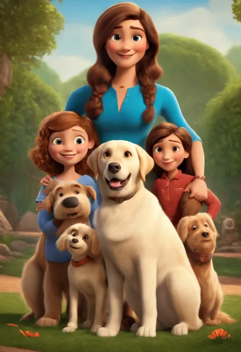 a Disney Pixar movie poster showing a white-skinned family. The father is the tallest, Tem cavanhaque longo, levemente grisalho, cabelos curtos e espinhosos , magro. Mom has straight black eyes and hair, below the shoulders and is slightly overweight. A me...