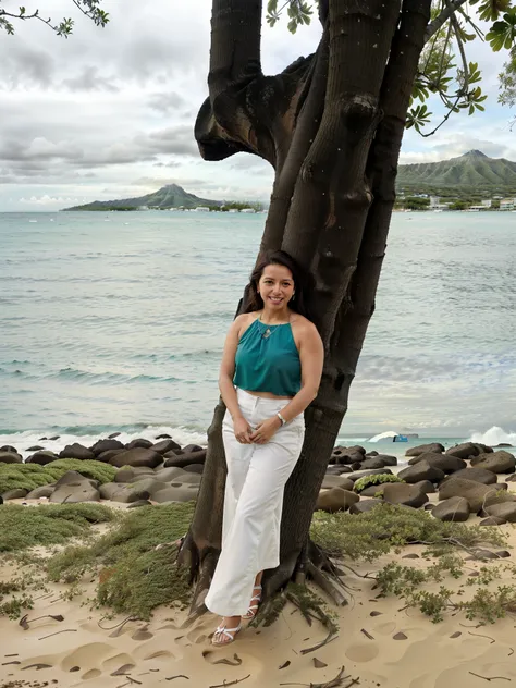 Theres a woman next to a tree at the waters edge, posando em waikiki, with a tree in the background, Karla Ortiz, standing next to water, com montanhas ao fundo, ao lado do oceano, with a volcano in the background, standing near the beach, julia fuentes, v...