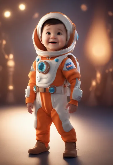 (a happy, cute, kid, standing, short hair, space costume, white background, bonnet, color tone, Pixar style, 3d, cartoons, detailed face, asymmetrical 16k), ultra-detailed, sharp focus, high-res, HDR, studio lighting, physically-based rendering, profession...