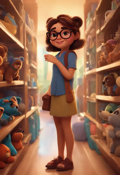 Menina estilo desenho animado, Pixar, wearing round glasses, segurando um urso de pelucia, roupa de escoteira,