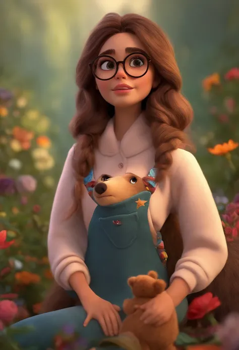 Menina estilo desenho animado, Pixar, wearing round glasses, segurando um urso de pelucia, roupa de escoteira,