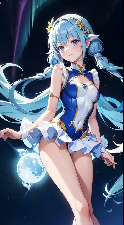 Super Idol　a beauty girl　A charming smile　sky blue hair　length hair　Twin-tailed　Glowing white sexy leotard outfit　Seven-colored ruffles　Fantasia　constellation　a moon　Crystal Brilliance　Aurora Borealis in the Night Sky