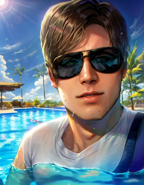 Theres a man wearing sunglasses in front of a swimming pool, Andrei Ryabovichev, em tempo ensolarado, Andrei Riabovitchevy, paradise in the background, foto de perfil 1024px, Darius Zawadzki, vacation photo, Mateo Dineen, Michal, Alexey Gurylev, Estilo Dmi...