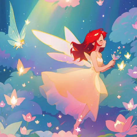 beautiful fairy girl in sparkling flowing dress, fairy dress, (huge sparkling fairy wings), fairy queen, ((magical colorful otherworldly landscape)), (glowing fairy wings), long red colorful hair, sparkling fairy wings, watercolor illustration, flowers and...