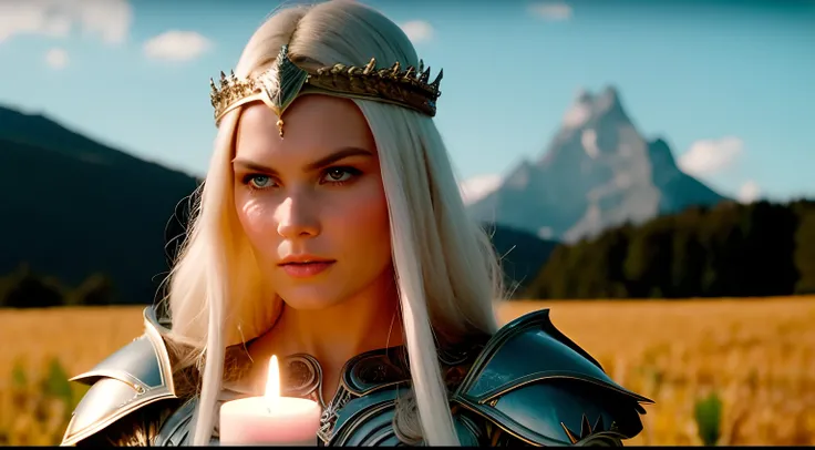 The woman, Holding a candle in a field with a mountain in the background, christina kritkou, as a medieval fantasy character, Cinematic Goddess Shot, Elisha Cuthbert as Paladin, gorgeous woman, she holds a sword, still from a fantasy movie, The adware is s...