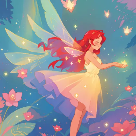 beautiful fairy girl in sparkling flowing dress, fairy dress, (huge sparkling fairy wings), fairy queen, ((magical colorful otherworldly landscape)), (glowing fairy wings), long red colorful hair, sparkling fairy wings, watercolor illustration, flowers and...