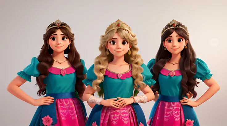 3 mulheres jovens com vestidos e coroas de princesa sorrindo, studio illumination