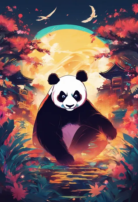 An anime scene with a giant panda as the main character roaring and showing great power., The background is a full moon.。, There are bamboo fighting groups in many areas.，Trends on CGSTATION, Beautiful artistic illustration, Drake-style digital art details...