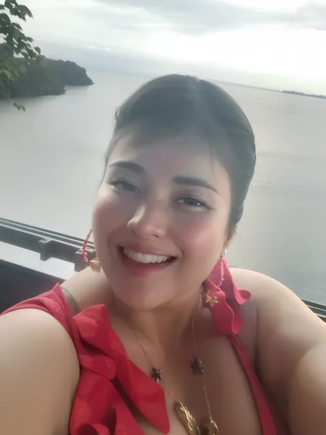 mulher sorridente no vestido vermelho sentado em um barco com um lago no fundo, inspirado em Maria Helena Vieira da Silva, Directed by: Nandor Soldier, Fotografia selfie 8k, selfie shot straight on angle, inspirado em Mardi Barrie, foto selfie, inspirado e...