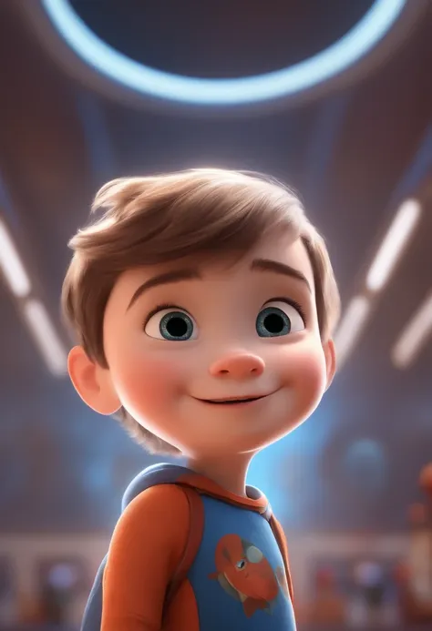 a happy cute kid standing short hair, vestindo uma fantasia espacial, , fundo branco, barnet, Tom, Estilo Pixar, ....3d, desenhos animados, rosto detalhado, asymmetrical 16k