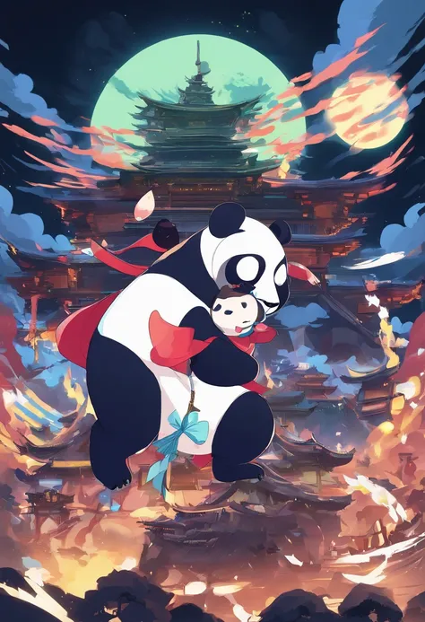 An anime scene with a giant panda as the main character roaring and showing great power., The background is a full moon.。, There are bamboo fighting groups in many areas.，Trends on CGSTATION, Beautiful artistic illustration, Drake-style digital art details...