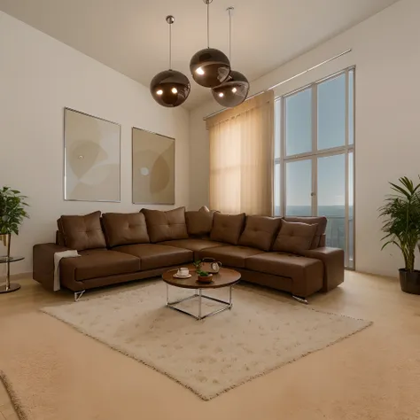 a living room with sofa and cushions a rug with a small round coffee table, uma grande janela lateral com cortina e 2 quadros na parede, On the ceiling there are 3 round chrome light fixtures, perspectiva de frente, ultra realistic, detalhes intrincados, c...