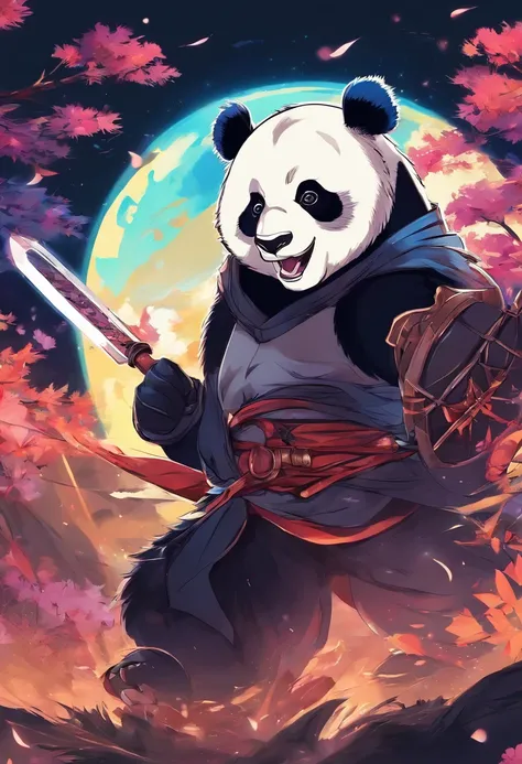 An anime scene with a giant panda as the main character roaring and showing great power., The background is a full moon.。, There are bamboo fighting groups in many areas.，Trends on CGSTATION, Beautiful artistic illustration, Drake-style digital art details...