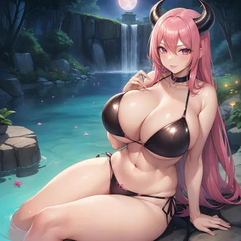 Masterpiece, best quality, ((((Solo mature woman)), pink hair, facing camera, (pink eyes), large chest, seductive smile, (((wide hips and big boobs))) curvy physique, cleavage, (dark night outside), under a moon, (standing in a pond), (((wearing shiny two ...