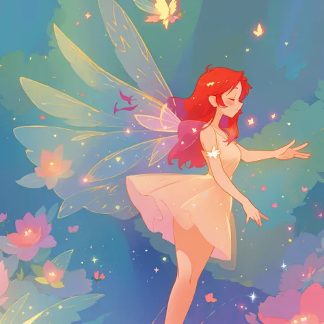 beautiful fairy girl in sparkling flowing dress, fairy dress, (huge sparkling fairy wings), fairy queen, ((magical colorful otherworldly landscape)), (glowing fairy wings), long red colorful hair, sparkling fairy wings, watercolor illustration, flowers and...