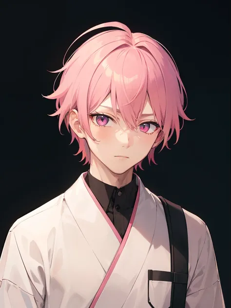 1 male、boy, a pink-haired、pink eyes、neutral expression