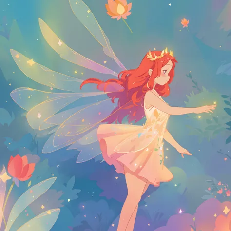 beautiful fairy girl in sparkling flowing dress, fairy dress, (huge sparkling fairy wings), fairy queen, ((magical colorful otherworldly landscape)), (glowing fairy wings), long red colorful hair, sparkling fairy wings, watercolor illustration, flowers and...