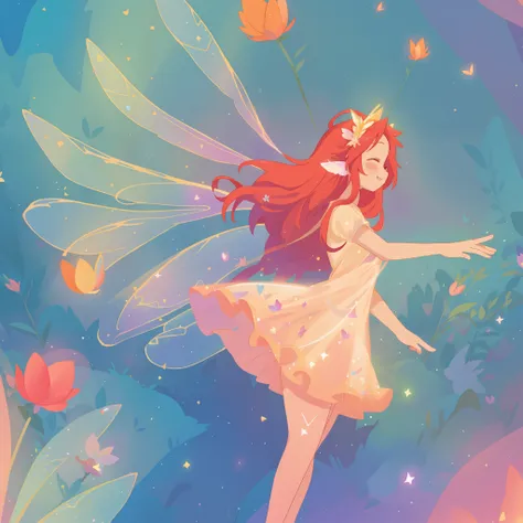 beautiful fairy girl in sparkling flowing dress, fairy dress, (huge sparkling fairy wings), fairy queen, ((magical colorful otherworldly landscape)), (glowing fairy wings), long red colorful hair, sparkling fairy wings, watercolor illustration, flowers and...