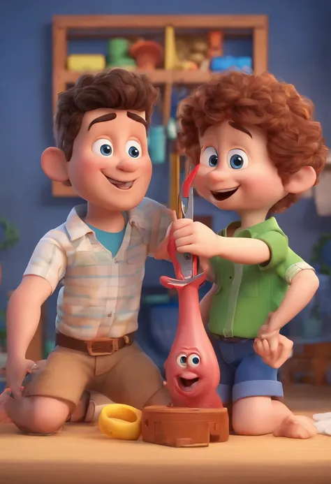 Estilo Pixar: The grown man is holding a naked blue-eyed boy and in his other hand he is holding a pair of scissors and is trying to cut off the boys testicles,3D Poster,Disney