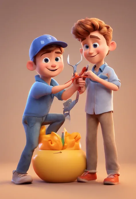 Estilo Pixar: The grown man is holding a naked blue-eyed boy and in his other hand he is holding a pair of scissors and is trying to cut off the boys testicles,3D Poster,Disney