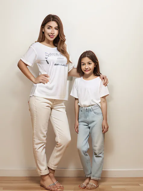 mother and daughter standing together in studio with white background, tall and slim, tall and small, full body portraits, tall woman, casual pose, with a kid, full body photograph, full body portrait posing, portrait full body, jeans and t shirt, full - l...