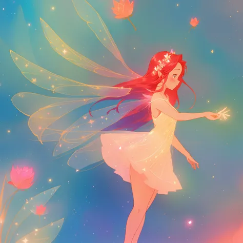 beautiful fairy girl in sparkling flowing dress, fairy dress, (huge sparkling fairy wings), fairy queen, ((magical colorful otherworldly landscape)), (glowing fairy wings), long red colorful hair, sparkling fairy wings, watercolor illustration, flowers and...