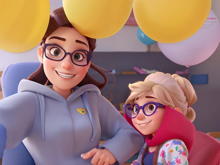 Woman in rectangular glasses, junto com sua filha de 4anos de idade no estilo disney pixar de altaualidade