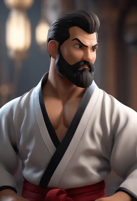 personagem dos desenhos animados de um homem com cabelo preto e barba branca, alto, magro, vestido com kimono branco de jiu-jitsu, faixa preta, Japanese-style dojo environment, fundo de cores vermelho, branco, cinza, animation character, Caractere estiliza...