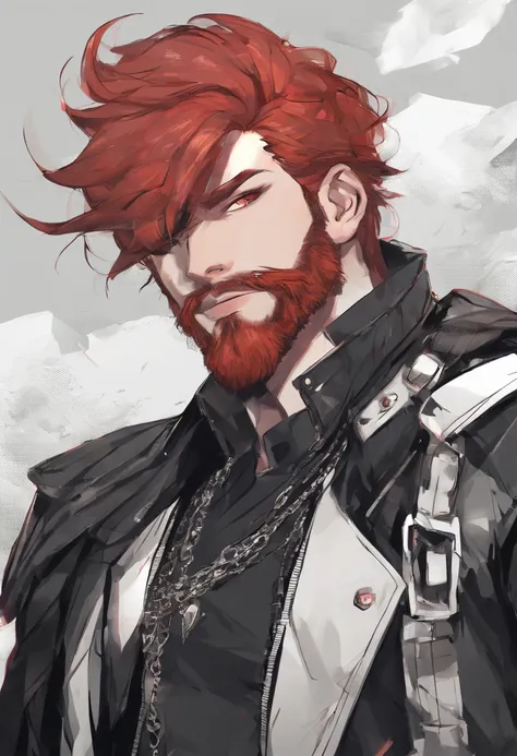 (best quality, highres, realistic:1.37), red-haired man, beard, detailed eyes, detailed lips, leather jacket, silver chain, anime style, patch over left eye