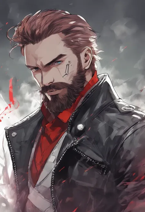 (best quality, highres, realistic:1.37), red-haired man, beard, detailed eyes, detailed lips, leather jacket, silver chain, anime style, patch over left eye