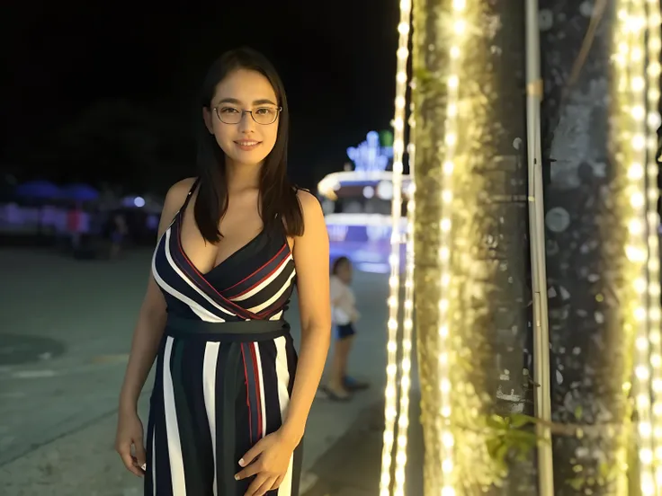 Woman in striped dress standing in front of a tree at night, photo taken at night, bokeh apenas em segundo plano, with glowing lights at night, at night time, Mulher de 30 anos, 3 0 anos de idade mulher, at night, durante a noite, standing near the beach, ...