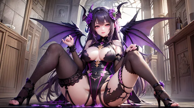 (Highly detailed CG Unity 8k wallpaper, masterpiece, top quality)　(Perfectly proportioned hands with one thumb and four fingers) Succubus Purple eyes Straddling posture