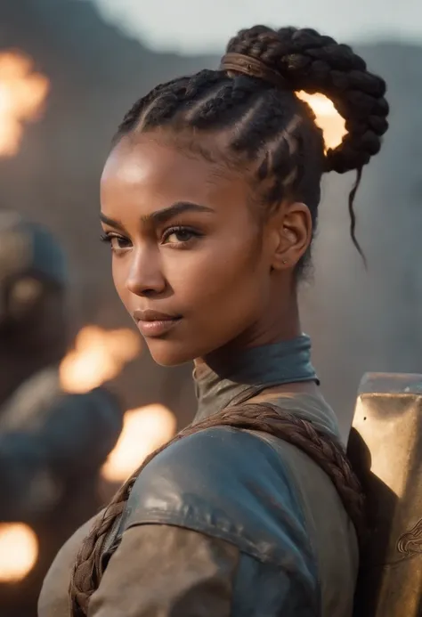 A beautiful young black female Warrior With a braided hair bun, welding a nanotech weapon on a futuristic Battlefield intricate details Masterpiece quality Dynamic lighting hyper realistic digital art.