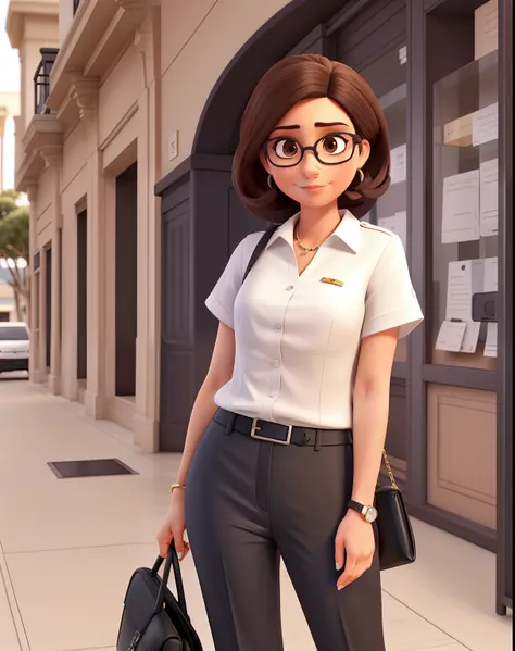 Uma mulher executiva, madura, Serious, Chic and wise, com cabelo longo e liso escuro, olhos na cor preta, olhos esbugalhados e boca grande, with black dress pants, blusa branca e brazer preto, of prescription glasses with brown frame with ounce, sneaker , ...