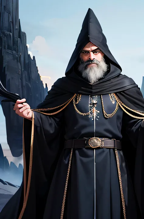 a big wizard dressed in a black cape embroidered with blue threads. A beard and black hair, a smiling face. Steel gray eyes. a beautiful leather belt. he looks at the camera.