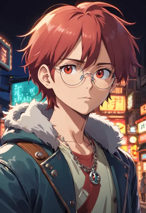 (best quality,4k,highres),Redhead man,beard,eye patch,leather jacket,silver chain,[anime style],detailed eyes,long eyelashes,vivid colors,brilliant lighting,sculpted chin,strong jawline,sharp focus,casual outfit,confident expression,red hair,piercing gaze,...