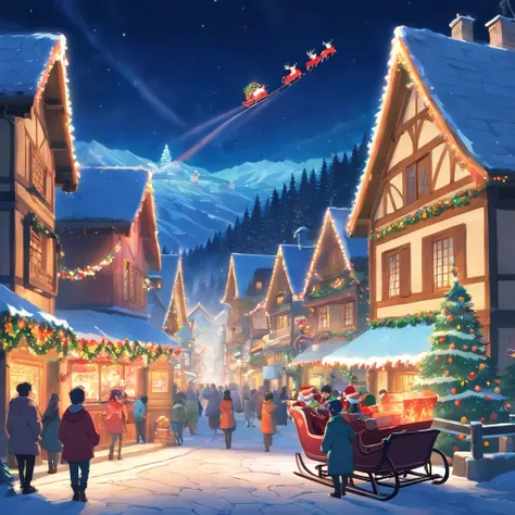 Christmas village with Santa Claus and his sleigh flying over the village, Noite de Natal, Noite de Natal de inverno nevada, Oficina do Papai Noel, arte tradicional, Very high resolution